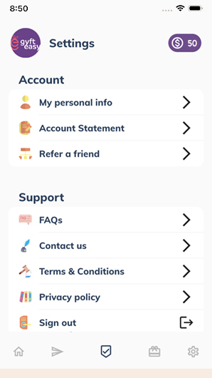 Gyfteasy App Screen - Settings